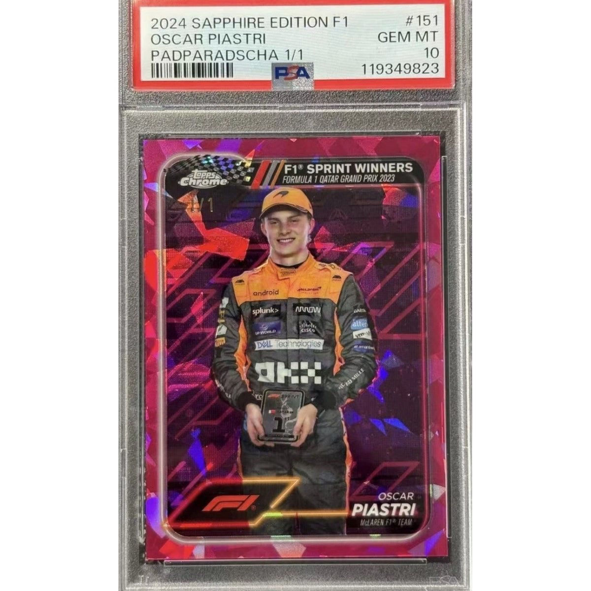 2024 Topps Chrome Formula 1 Oscar Piastri 1/1 Sapphire Padparadscha PSA10