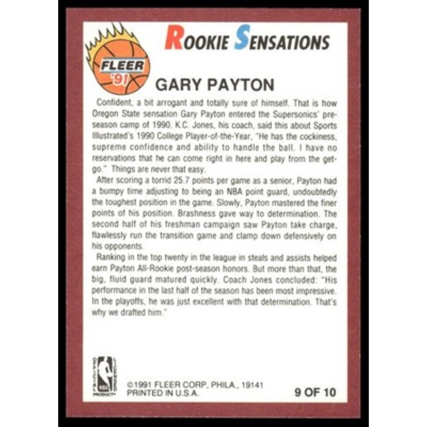 1991-92 Fleer #9 Gary Payton Rookie Sensations 9/10