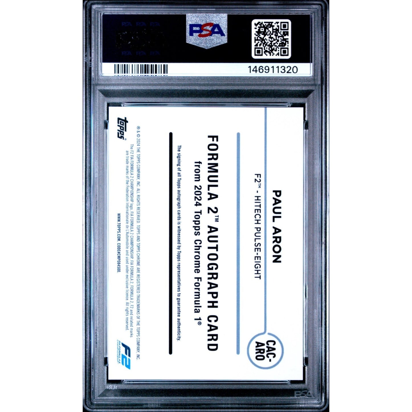 2024 Topps Chrome Formula 1 Paul Aron Refractor Auto Autograph #CAC-ARO RC PSA10