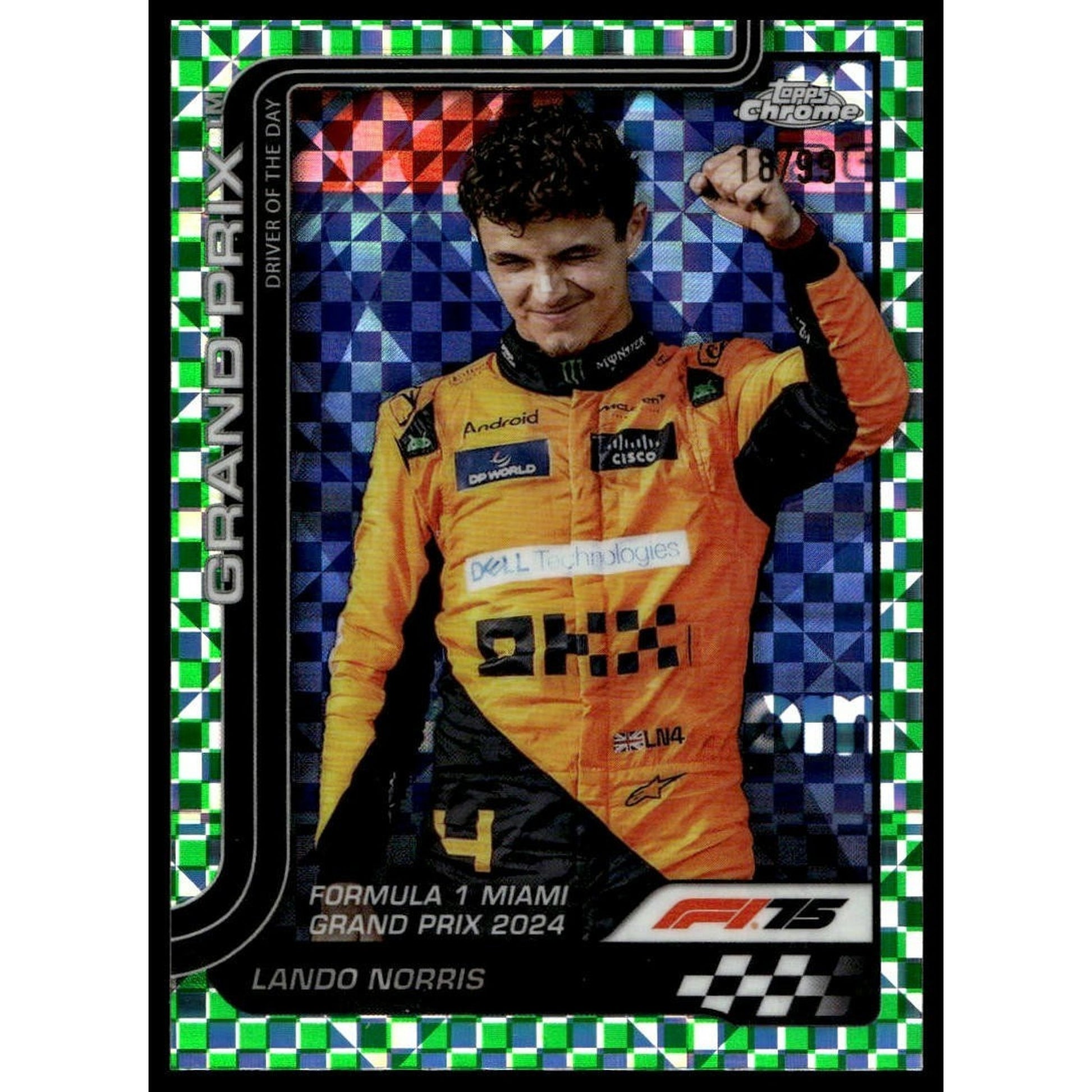 2025 TOPPS CHROME F1 75TH LANDO NORRIS #127 GREEN CHECKER FLAG REFRACTOR /99