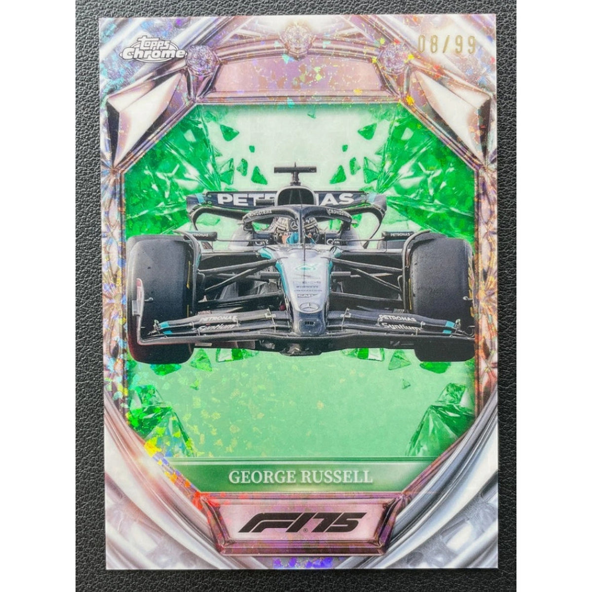 2025 Topps Chrome F1 George Russell Diamond 75th Anniversary Green 08/99
