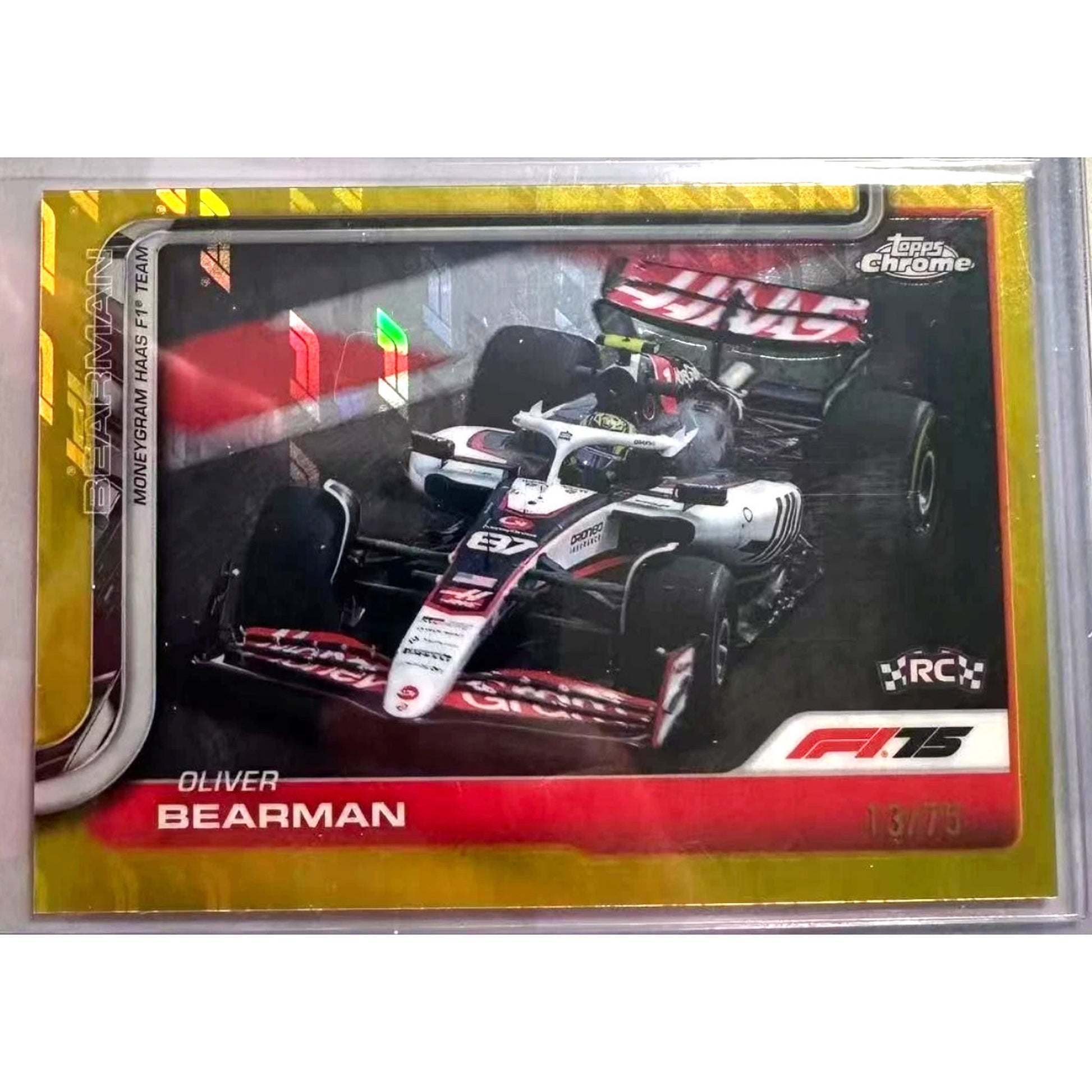 2025 TOPPS CHROME F1 LOGOFRACTOR OLIVER BEARMAN RC #86 YELLOW REFRACTOR 13/75