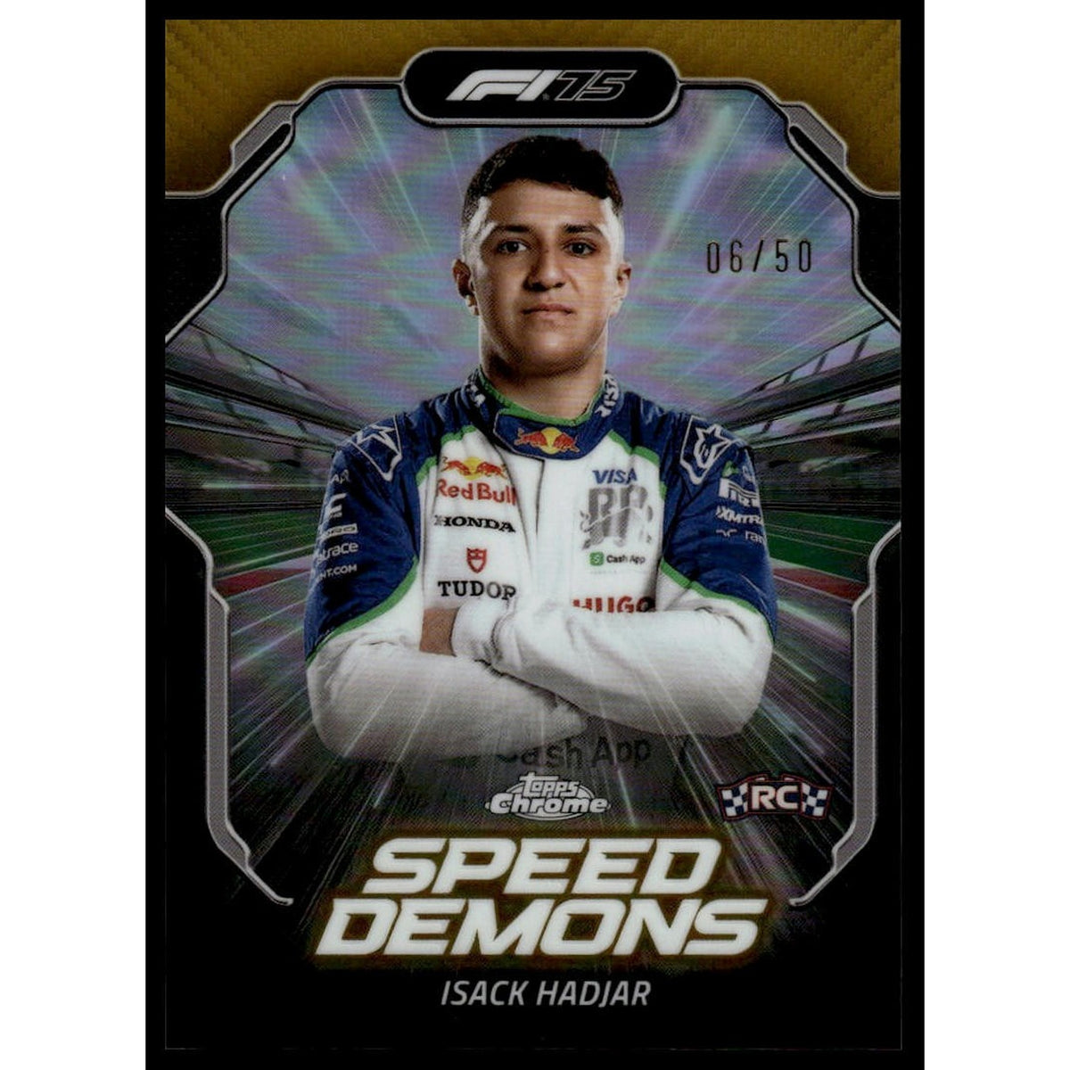 2025 Topps Chrome F1 #SD-5 Isack Hadjar RC Speed Demons Gold Refractor 6/50