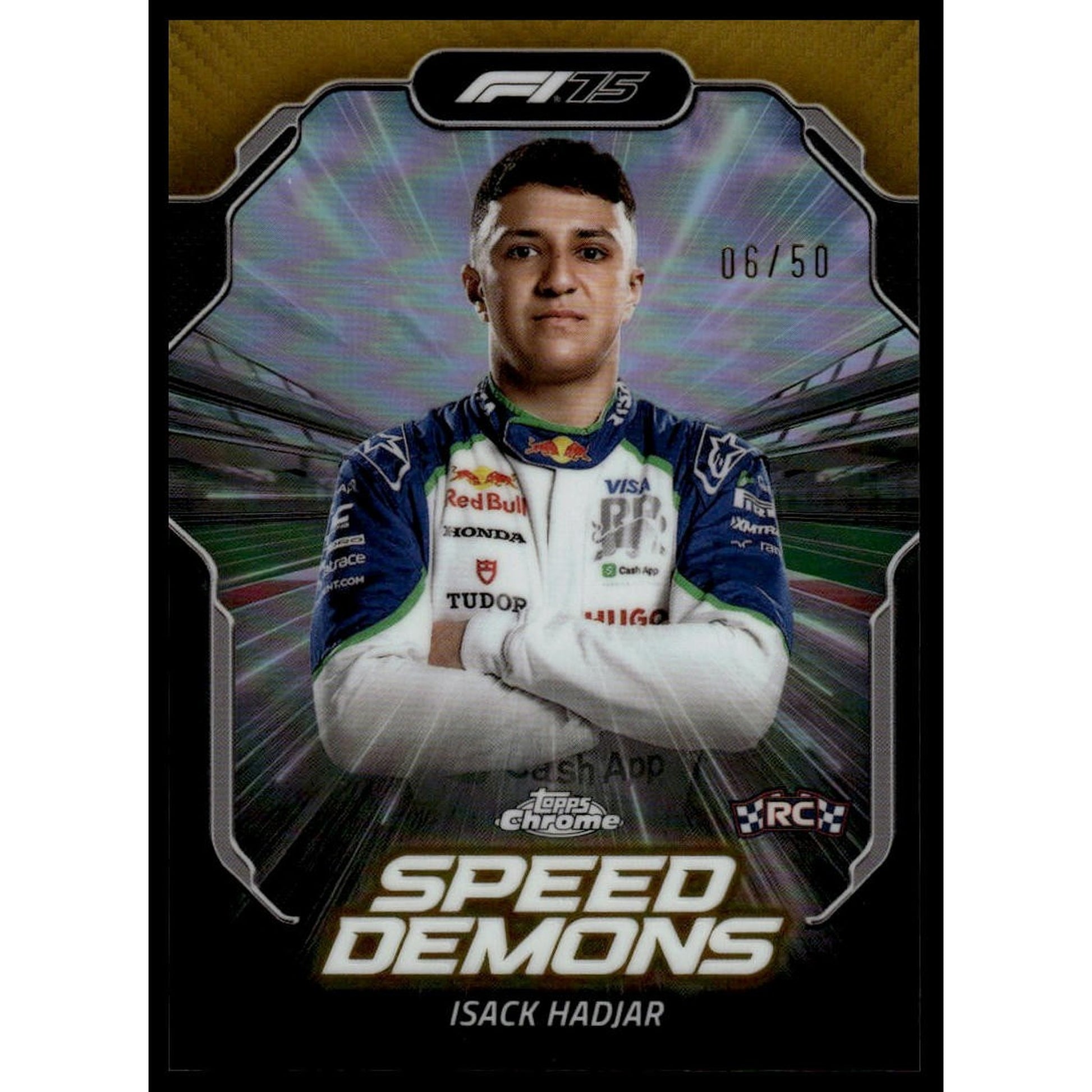 2025 Topps Chrome F1 #SD-5 Isack Hadjar RC Speed Demons Gold Refractor 6/50