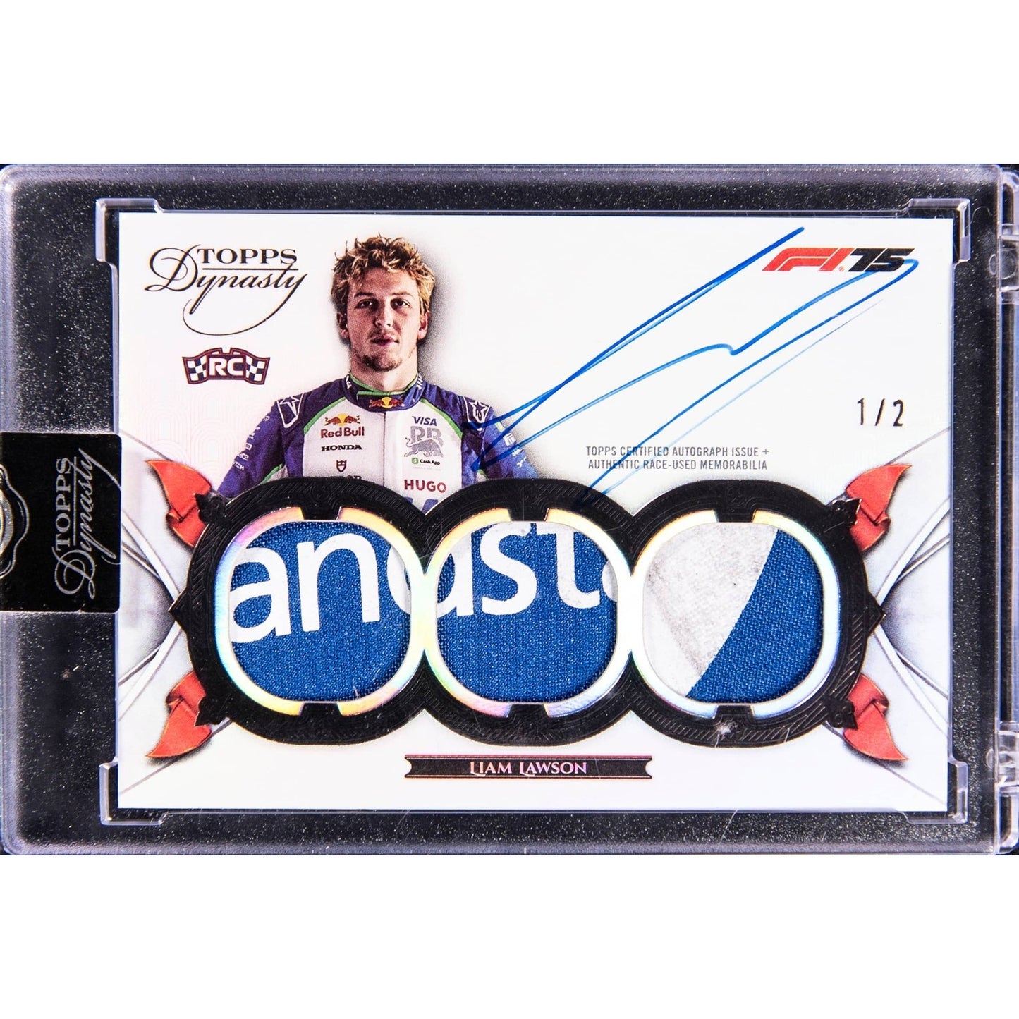 2025 Topps Dynasty F1 Triple Relic Liam Lawson Autograph Race-Used Patch RC 1/2