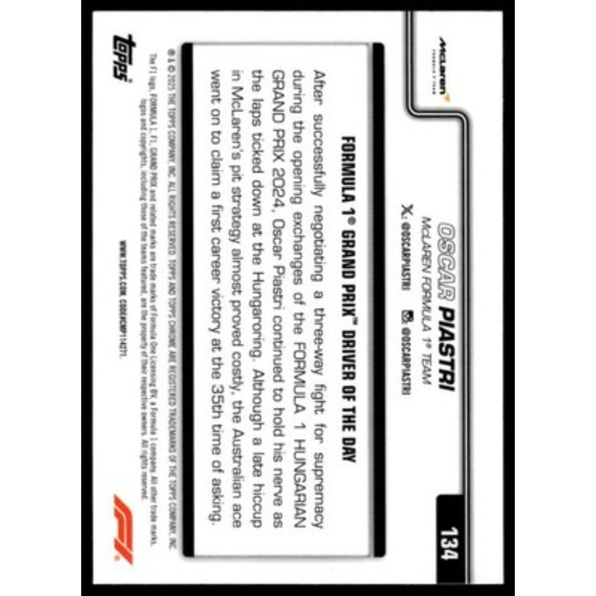 2025 Topps Chrome Formula 1 #134 Oscar Piastri Black & White Lazer Refractor