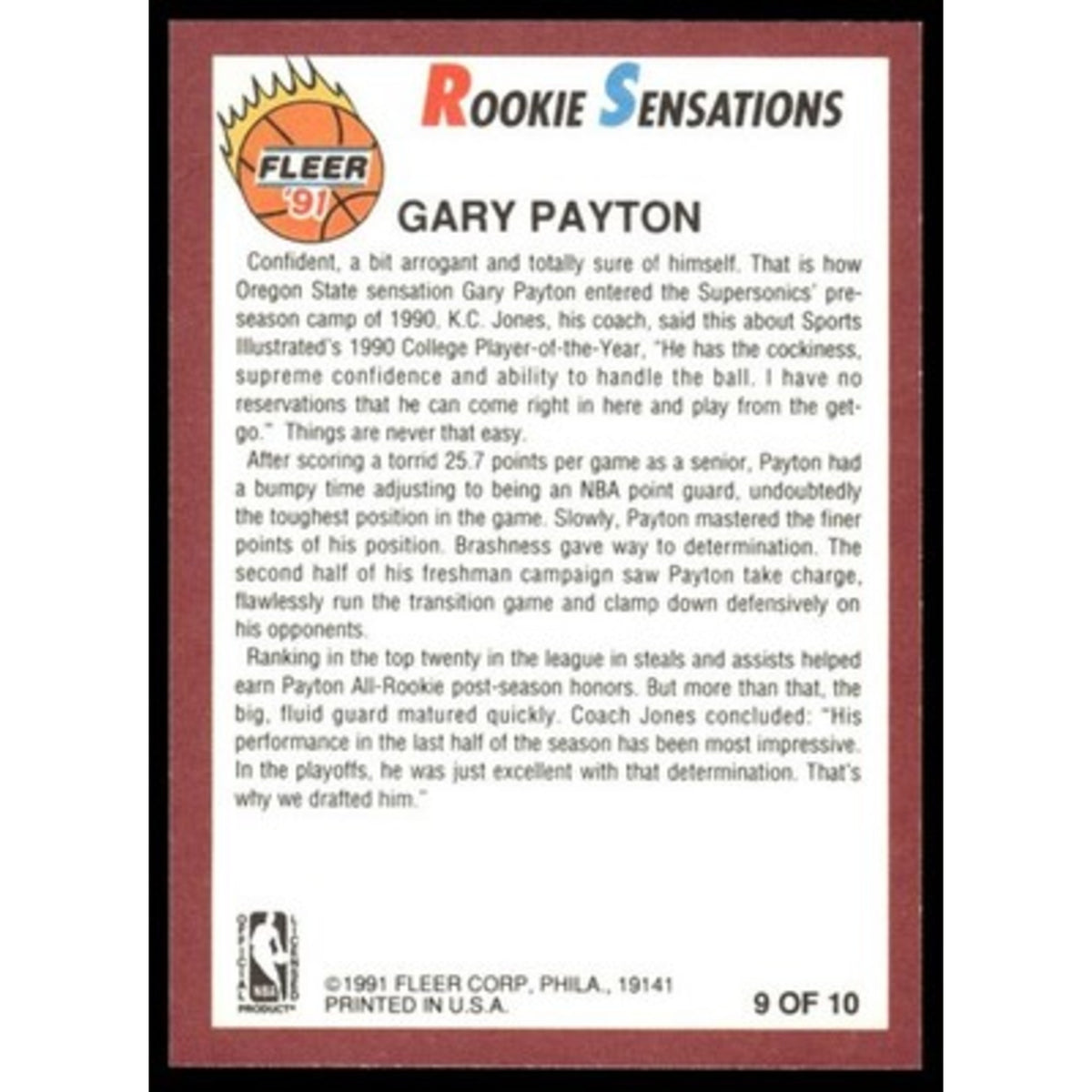 1991-92 Fleer #9 Gary Payton Rookie Sensations 9/10