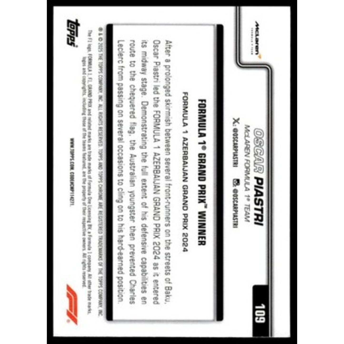 2025 Topps Chrome Formula 1 #109 Oscar Piastri Black & White RayWave Refractor