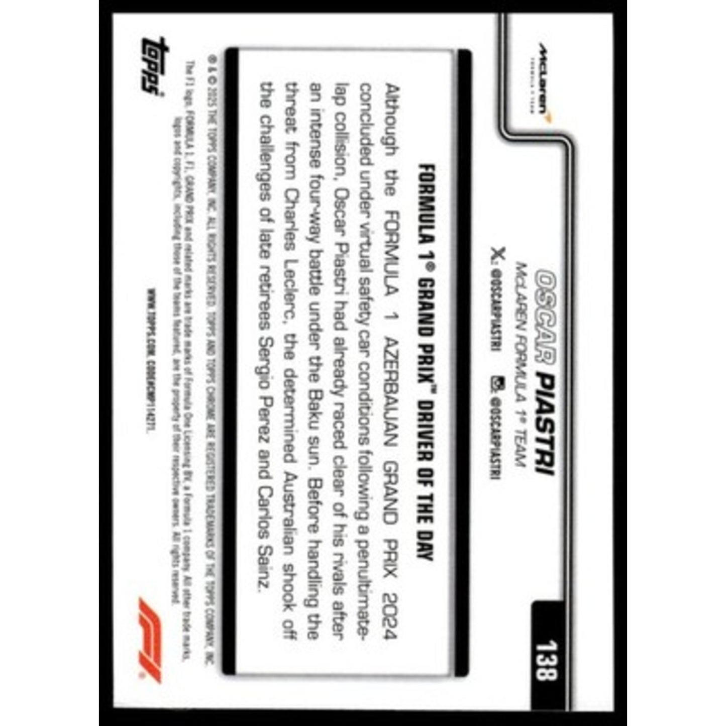 2025 Topps Chrome Formula 1 #138 Oscar Piastri Black & White RayWave Refractor