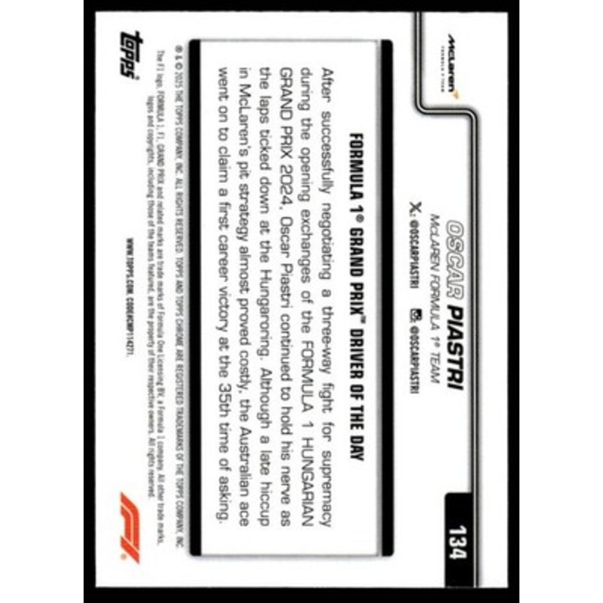2025 Topps Chrome Formula 1 #134 Oscar Piastri Black & White RayWave Refractor