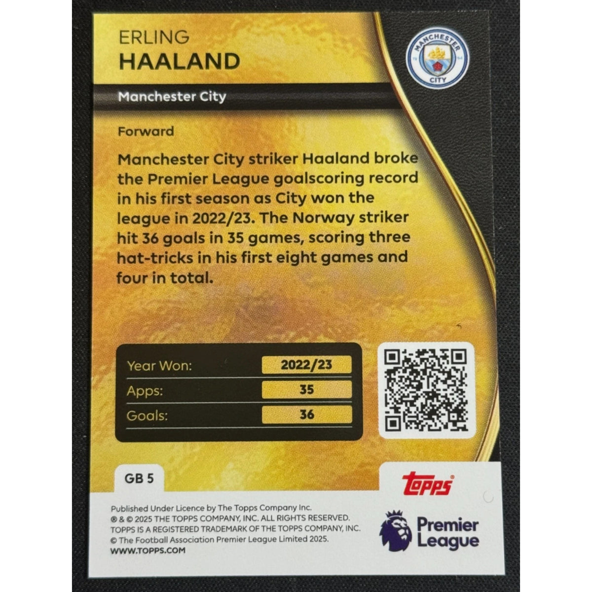 Topps 2026 Premier League Erling Haaland #GB5 Golden Boot Limited Man City