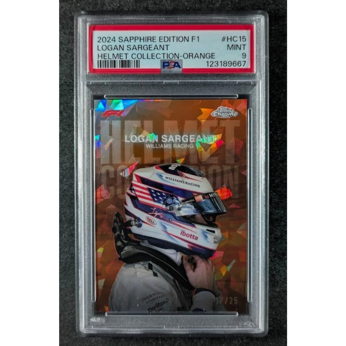 2024 Topps Chrome Sapphire F1 #HC-15 LOGAN SARGEANT 17/25 Orange Helmet PSA 9