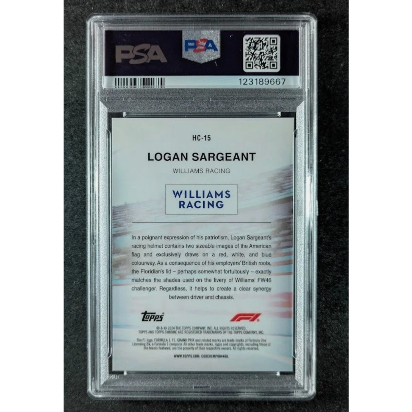 2024 Topps Chrome Sapphire F1 #HC-15 LOGAN SARGEANT 17/25 Orange Helmet PSA 9