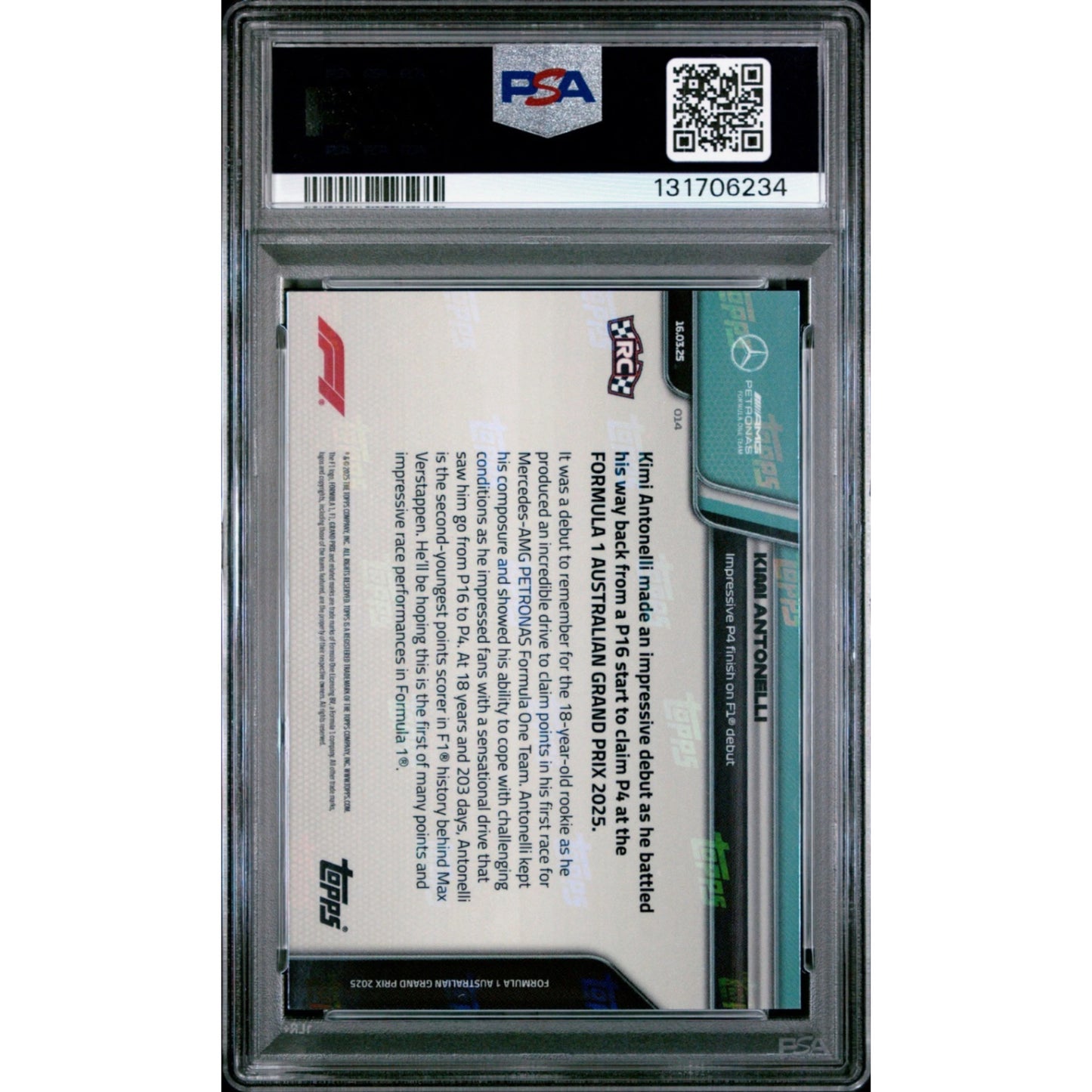 2025 TOPPS NOW FORMULA 1 DEBUT #14 KIMI ANTONELLI PSA 10 1st Rookie Card