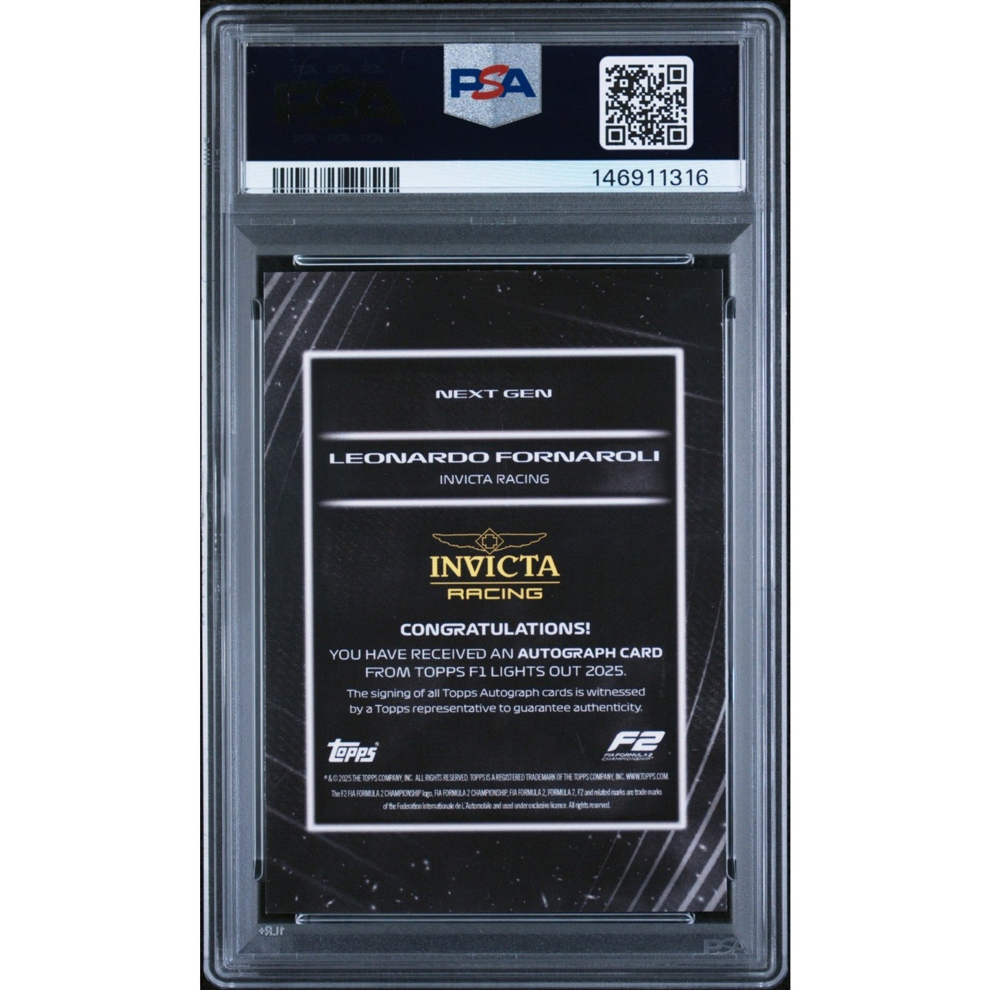 2025 Topps Lights Out F1 Next Gen Auto Black Leonardo Fornaroli 02/10 PSA 9