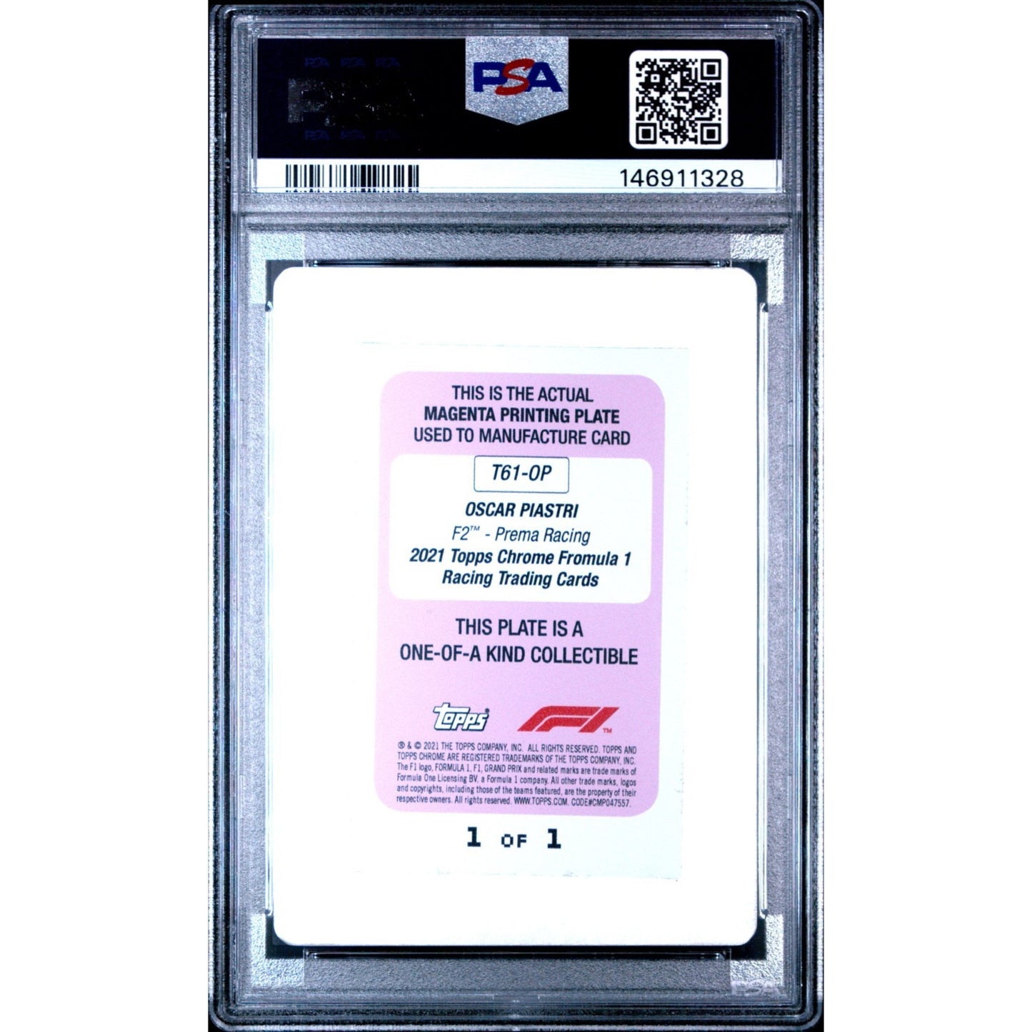 2021 Topps Chrome F1 Oscar Piastri Magenta Printing Plate Car 1/1 #T61-OP