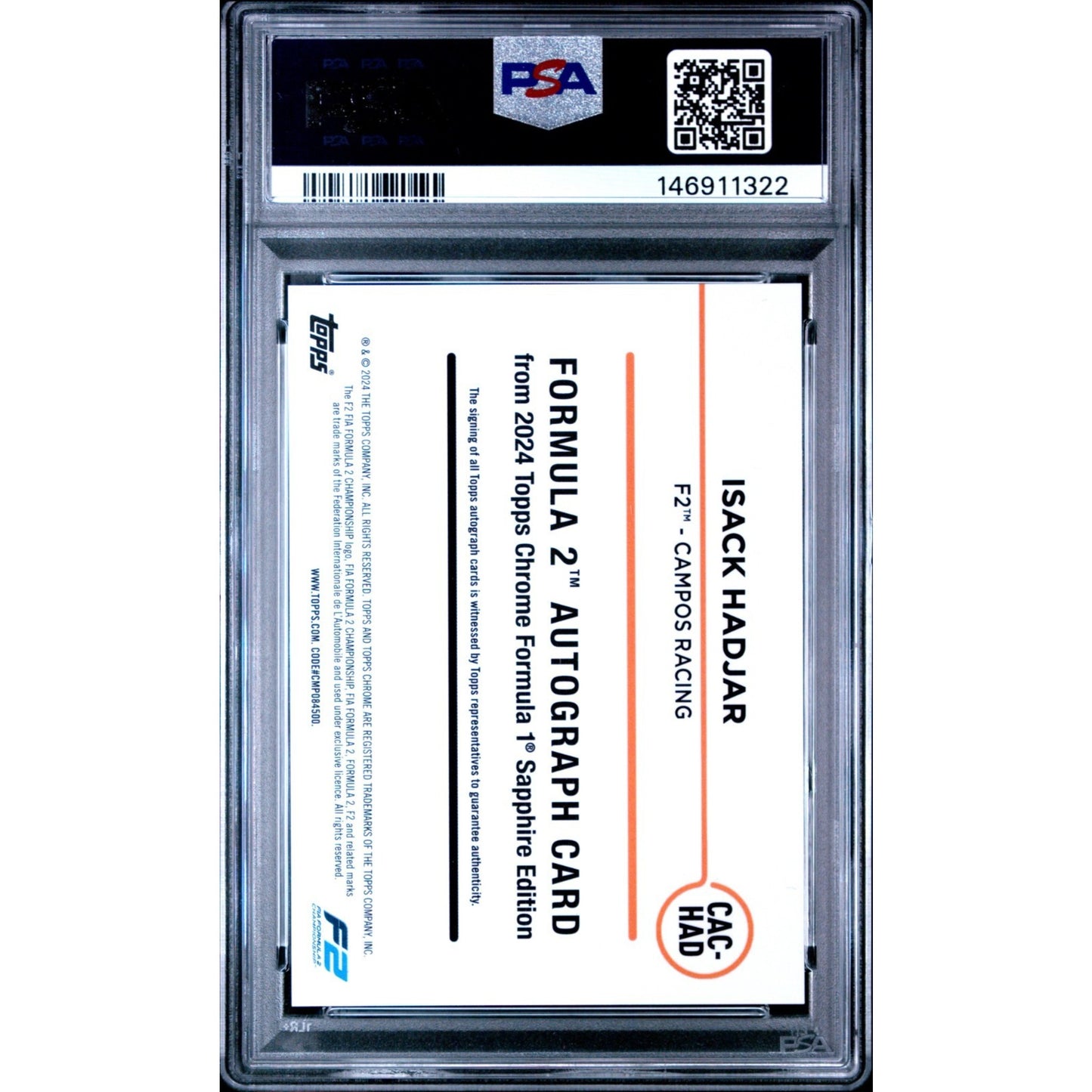 2024 Topps Chrome Sapphire Formula 1 Isack Hadjar #CAC-HAD Autograph PSA 10