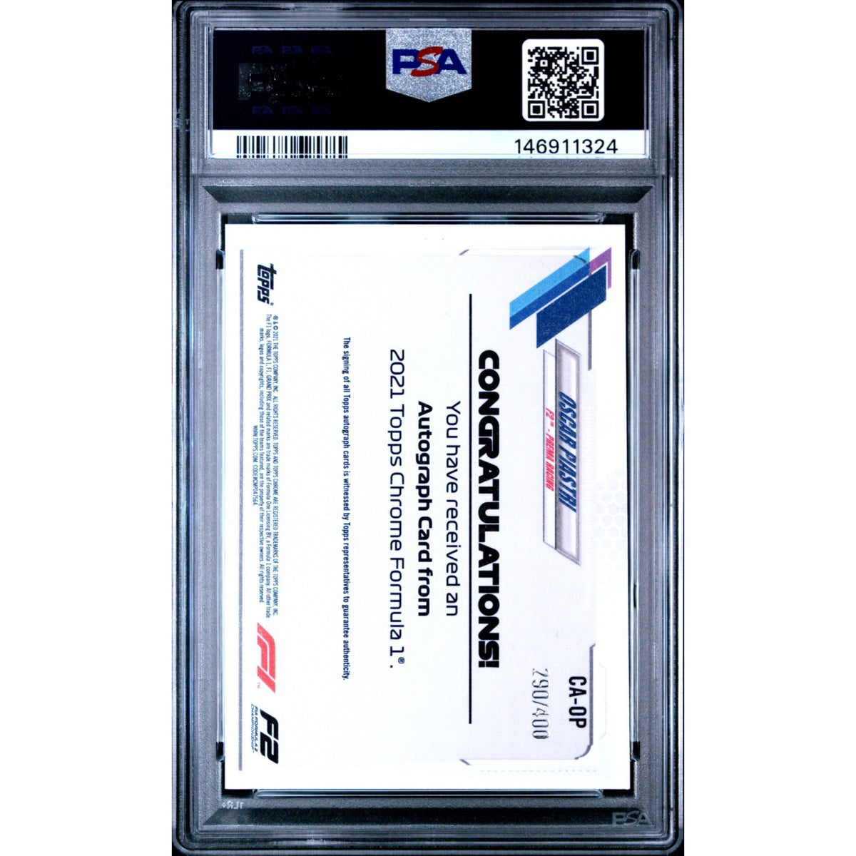 2021 Topps Chrome F1 Autographs Oscar Piastri #CA-OP 290/400 PSA 10