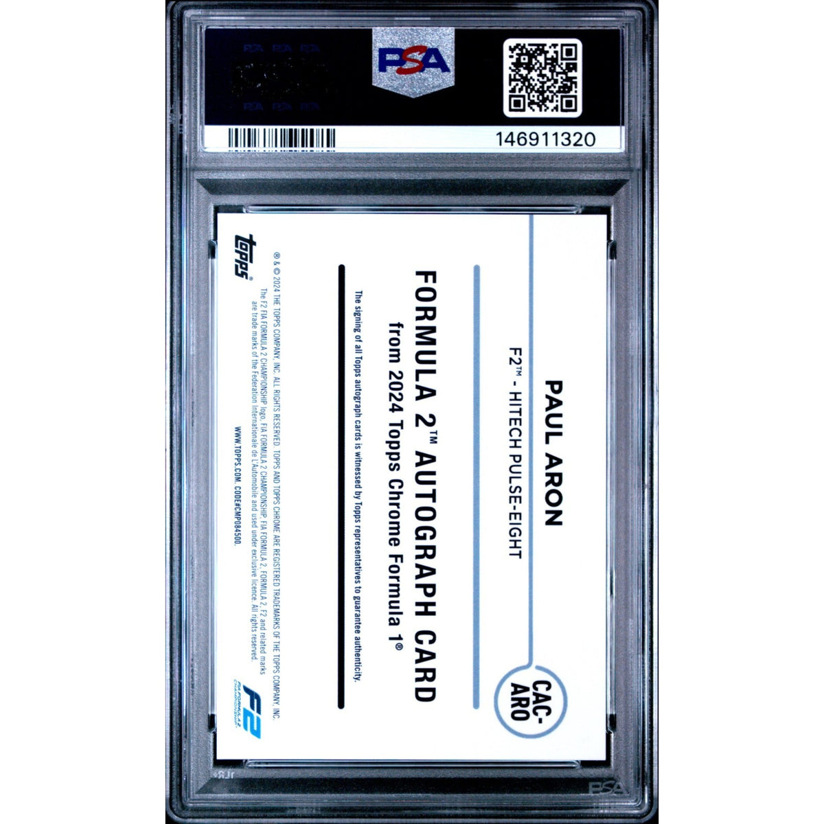 2024 Topps Chrome Formula 1 Paul Aron Refractor Auto Autograph #CAC-ARO RC PSA10