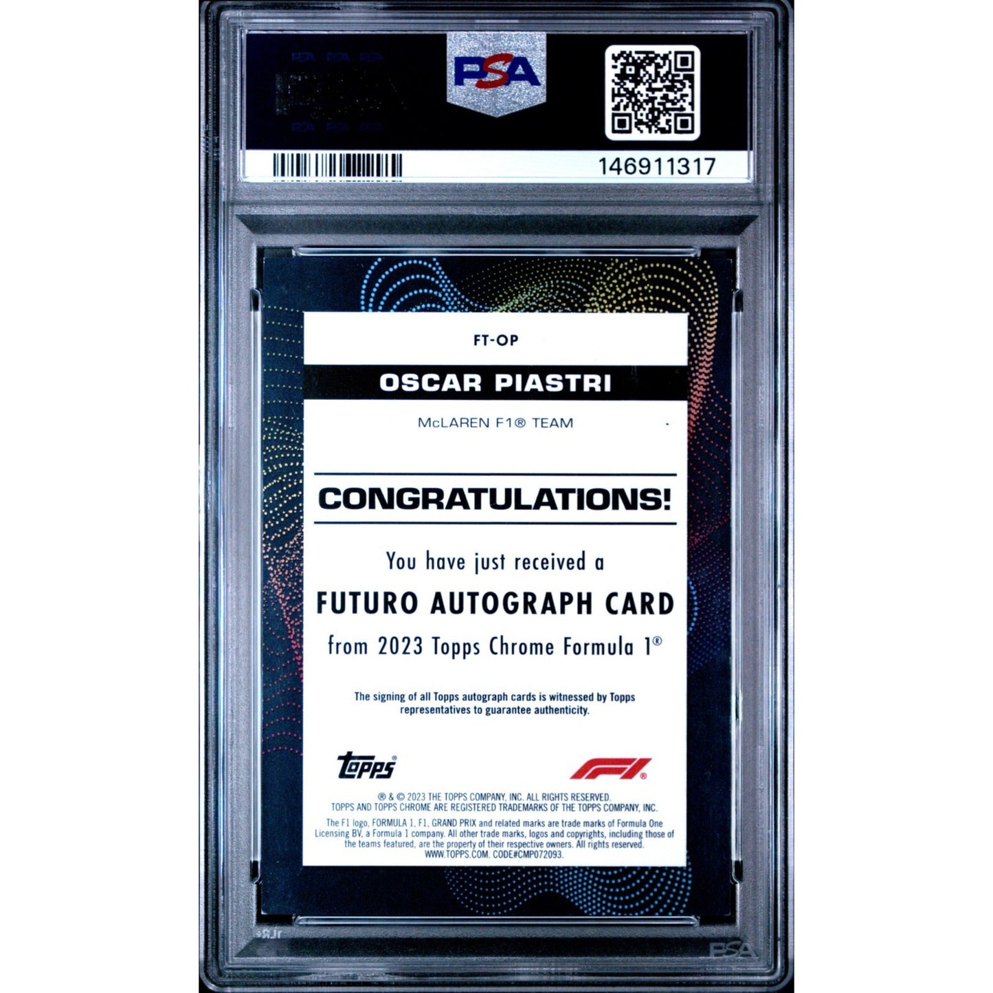 2023 Topps Chrome F1 Futuro Oscar Piastri RC Auto Autograph /50 PSA 8 #FTOP