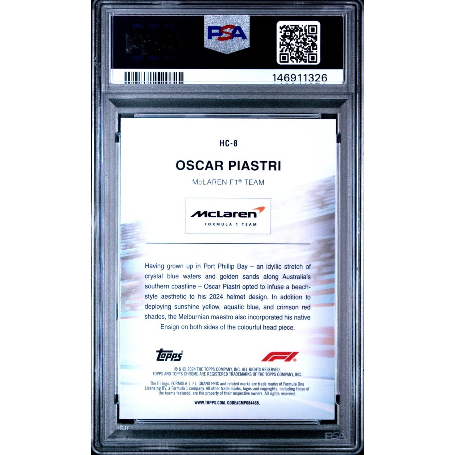2024 TOPPS CHROME F1 HELMET COLLECTION #HC8 OSCAR PIASTRI /99 PSA 10