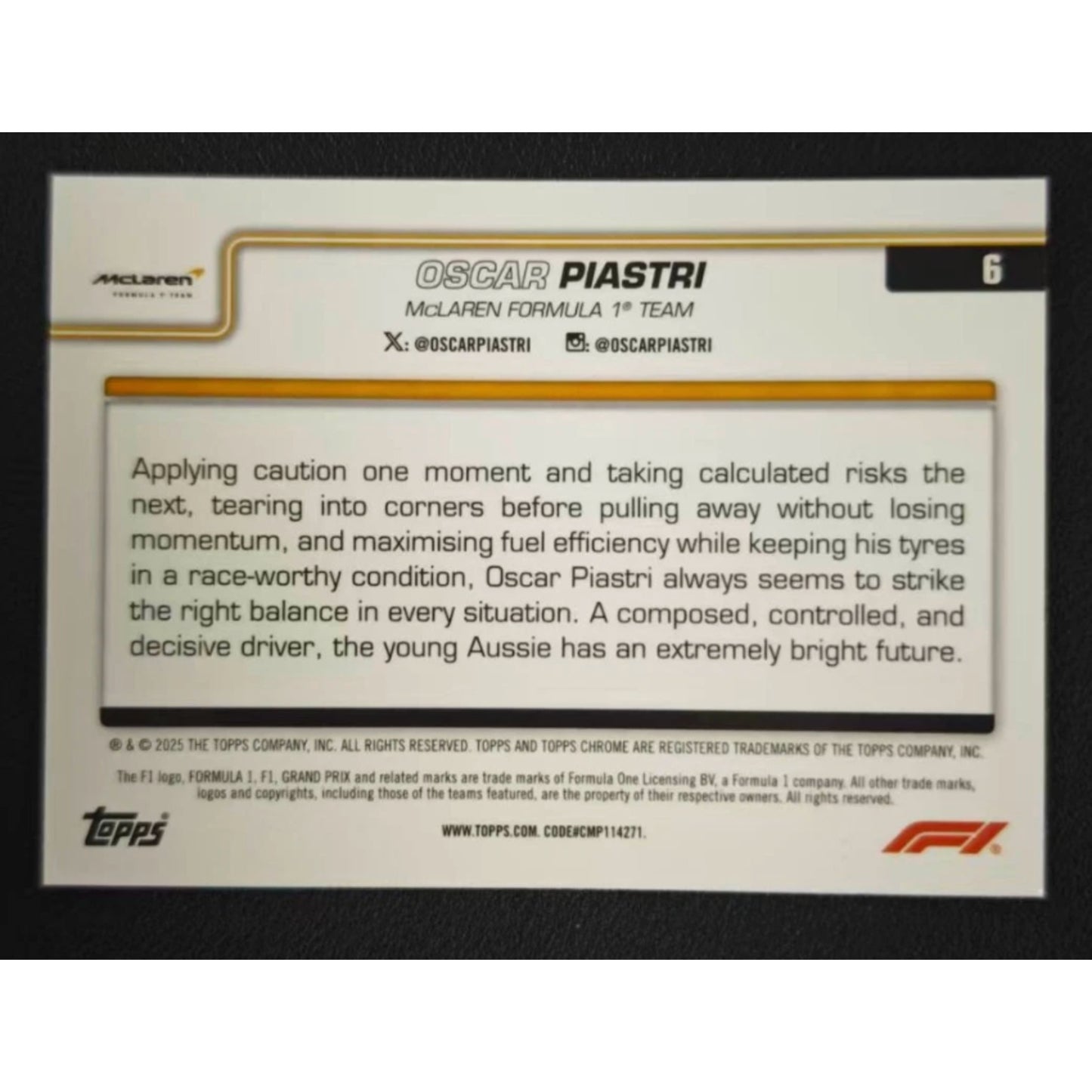 2025 Topps Chrome Logofractor F1 Oscar Piastri Portrait Yellow 69/75 #6