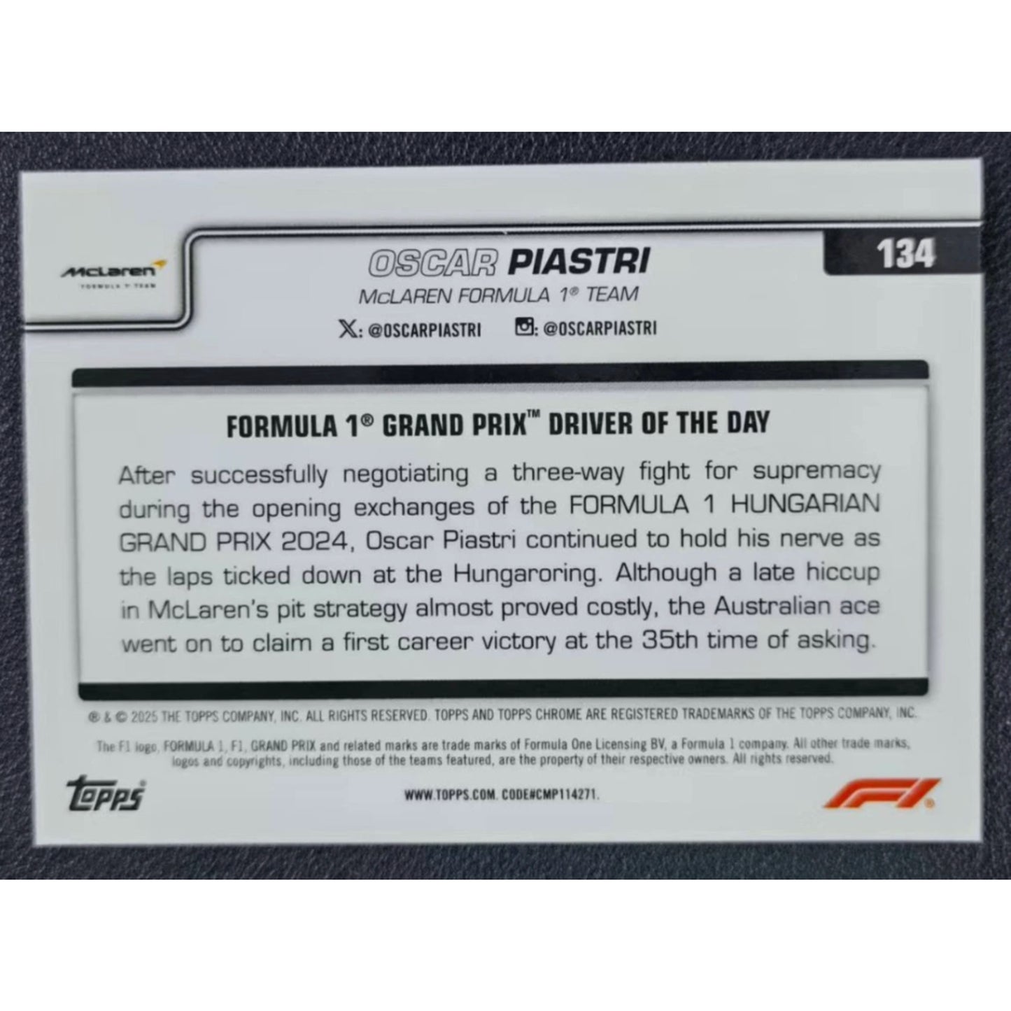 2025 Topps Chrome F1 Oscar Piastri Aqua 82/199 #134