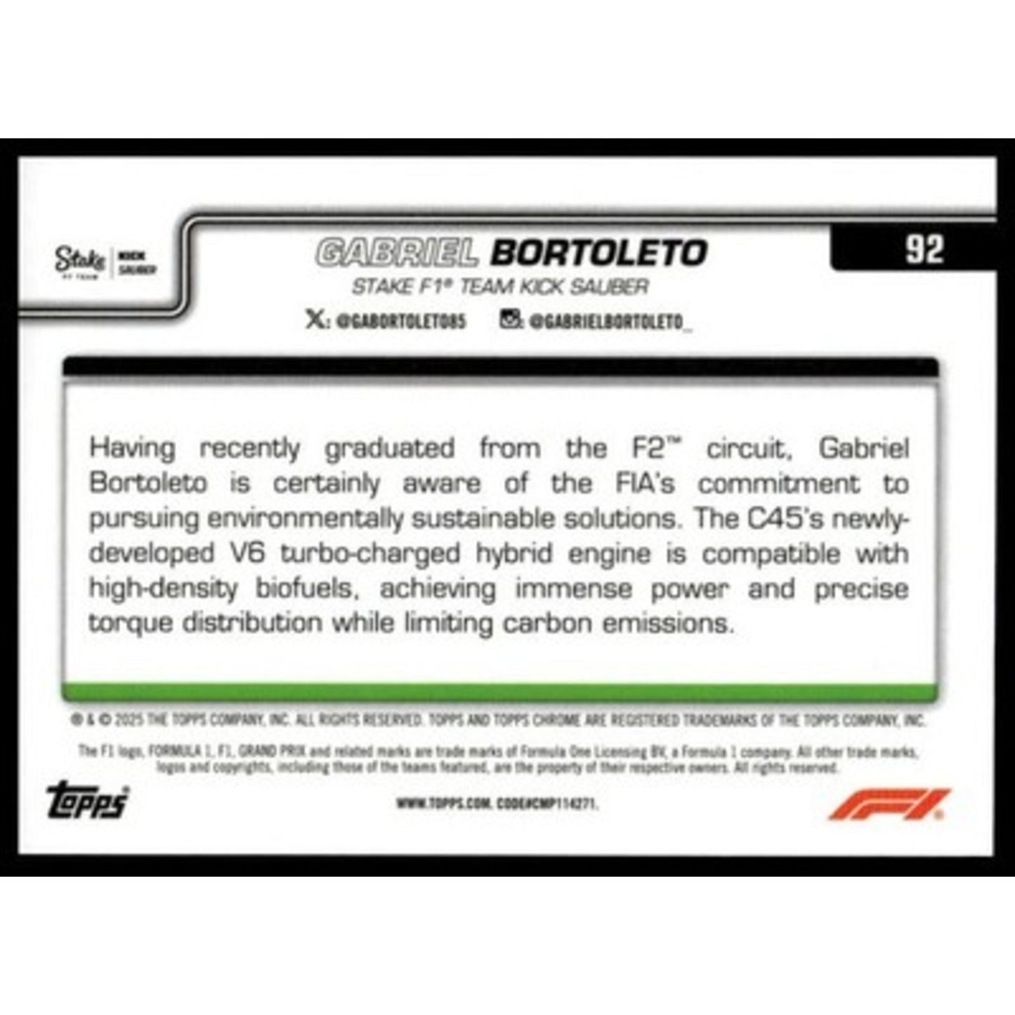 2025 Topps Chrome LogoFractor Edition Formula 1 #92 Gabriel Bortoleto Gold #/50