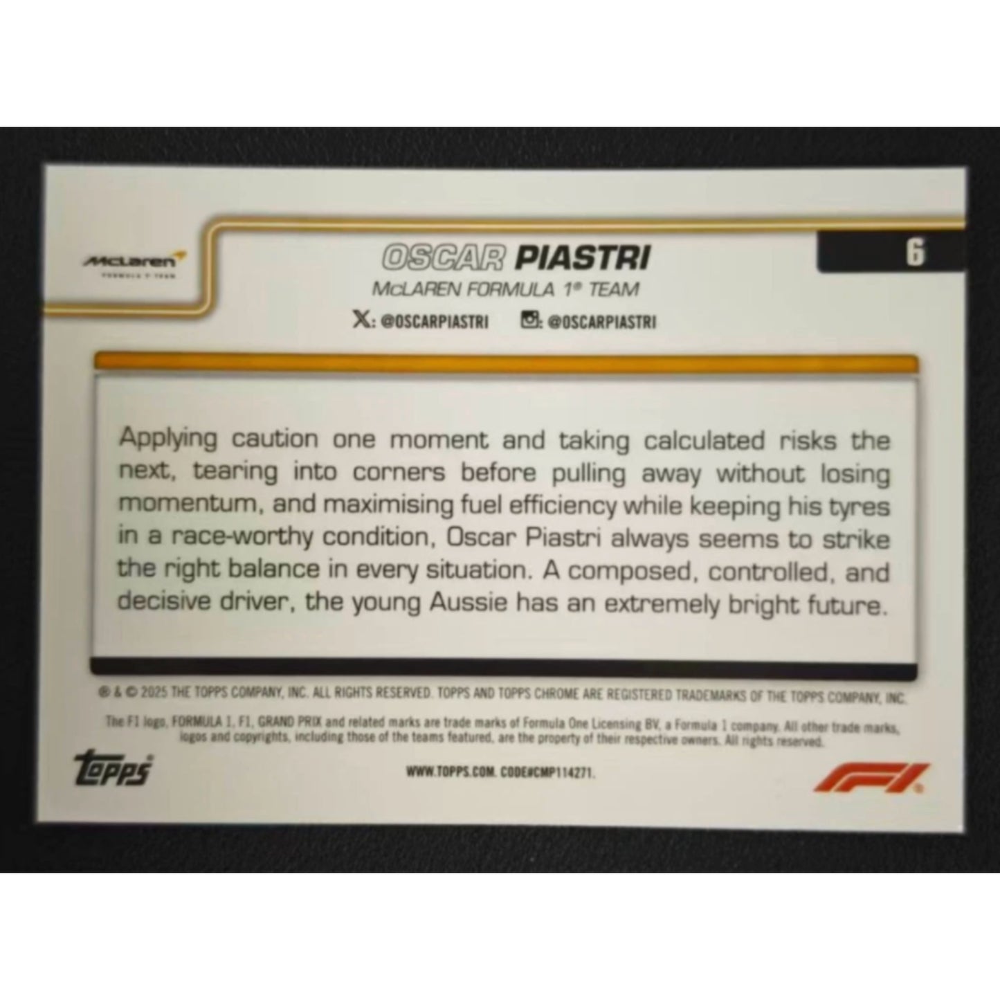 2025 Topps Chrome Logofractor F1 Oscar Piastri Portrait Yellow 69/75 #6