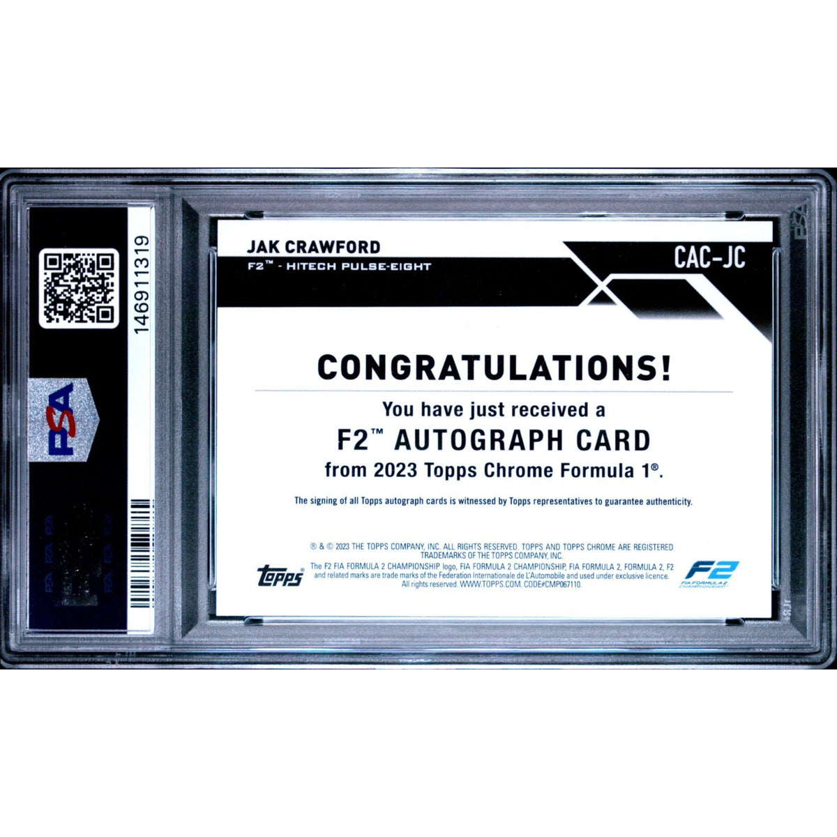 2023 Topps Chrome F1 JAK CRAWFORD Auto Signatures SP #CAC-JC PSA 10