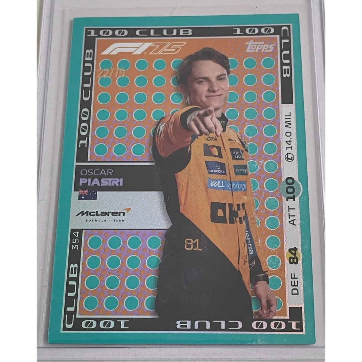 Topps F1 Turbo Attax 2025 354 Oscar Piastri 100 CLUB Aquamarine 22/79